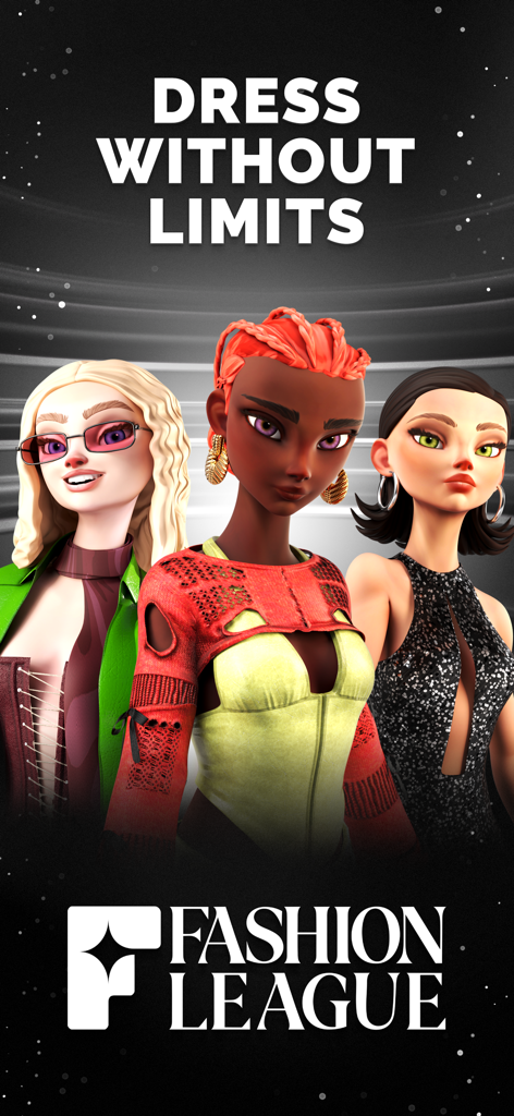 Fashion League: Runway Battles - Tre avatar 3D diversi con acconciature e outfit unici sotto il testo Dress Without Limits per il gioco Fashion League