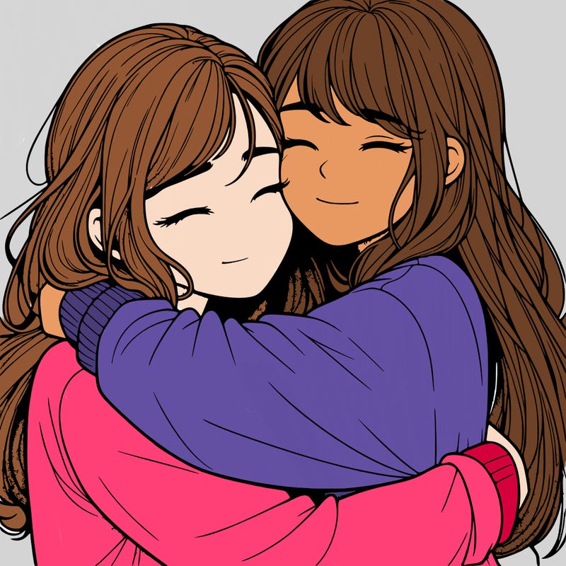 realistic two girls hugging
