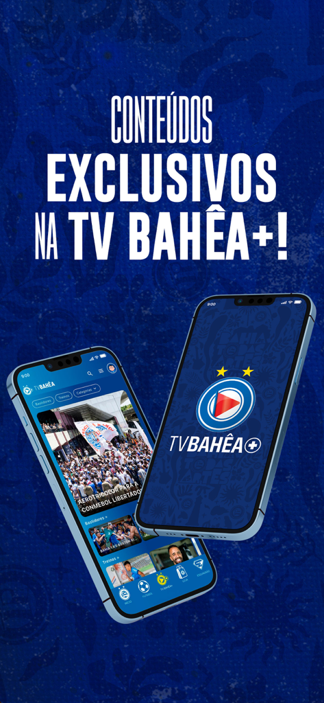 EC Bahia - Dos teléfonos inteligentes mostrando la interfaz de la aplicación EC Bahia con contenido de video exclusivo en TV Bahea Plus.