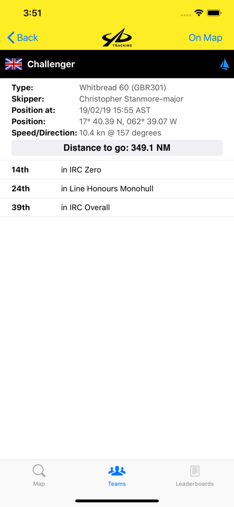 YB Races - YB Races mobile app showing real time tracking data and statistics for a sailing team