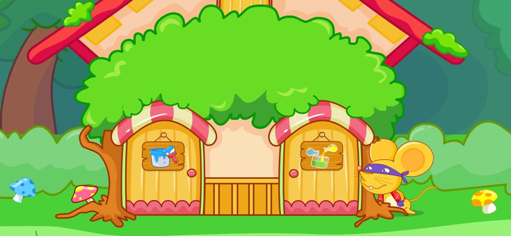 Magical Color Mixing Studio - Cartoon house in a forest with paint mixing signs and the Rascally Rat character peeking from a tree