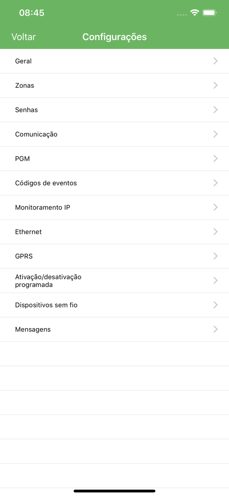 Menú principal de configuración de la aplicación AMT Remoto Mobile para instaladores de sistemas de seguridad