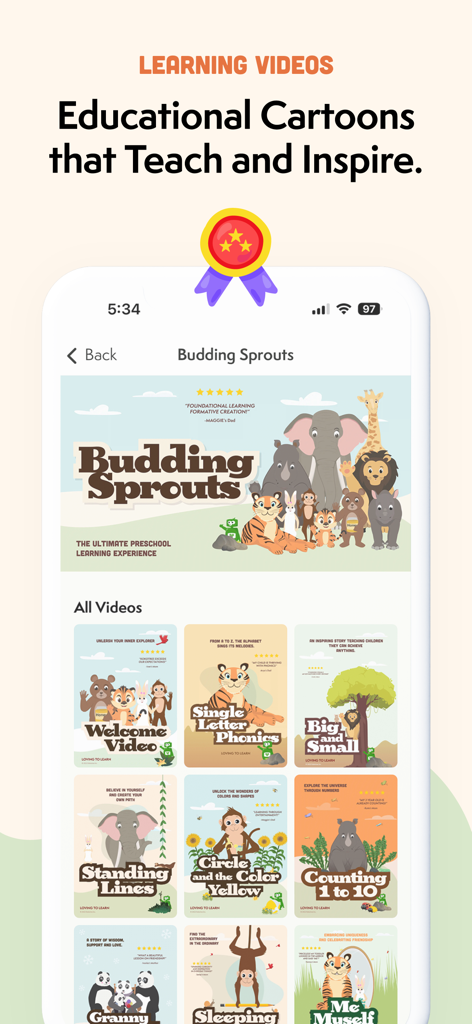 Kokotree: Preschool Learning - A selection of educational cartoons and preschool learning videos featuring animal characters in the Kokotree app.