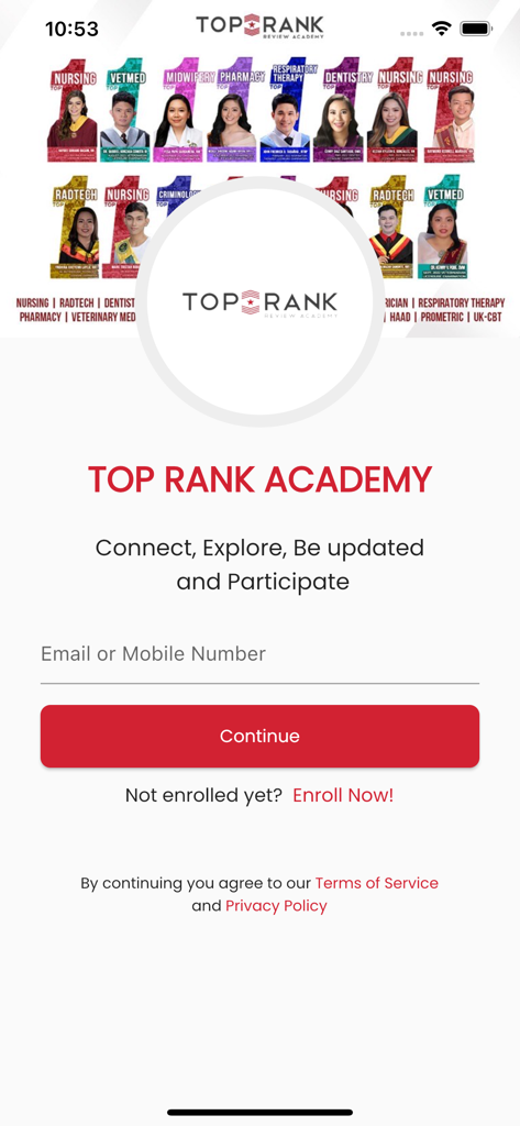 TRA Mobile Application - 학생 성공 사례 및 로그인 필드가 특징인 Top Rank Academy 모바일 앱 로그인 화면