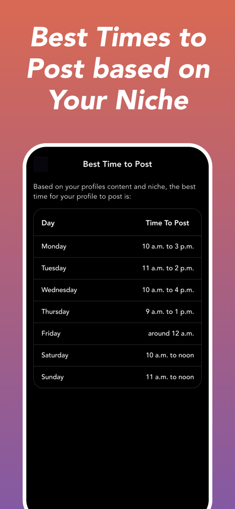 Get Followers - Boost Viral AI - Ein Bildschirm, der empfohlene Zeiten für das Posten auf Instagram für jeden Wochentag basierend auf der Content-Nische anzeigt.