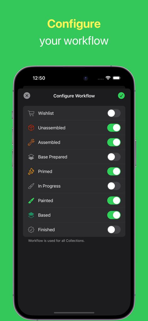 Figure Case - Hobby Progress - Interfaccia per la personalizzazione delle fasi del flusso di lavoro di assemblaggio e pittura di miniature