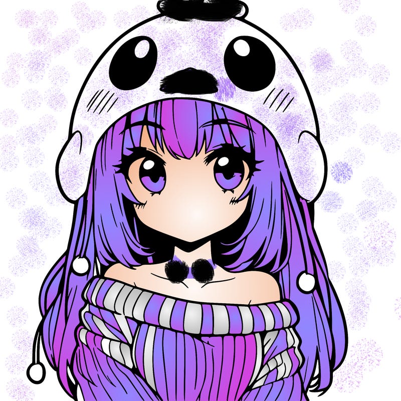 anime girl with chick shaped hat with sweater with bare shoulders with bangs covering them one eye with low tail