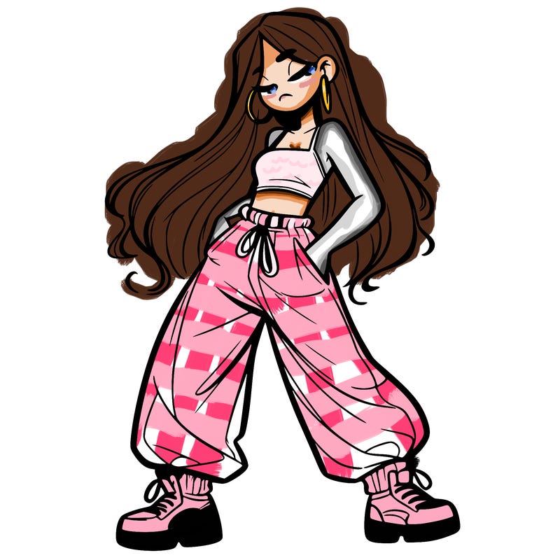 girl in baggy pants crop top and long hair