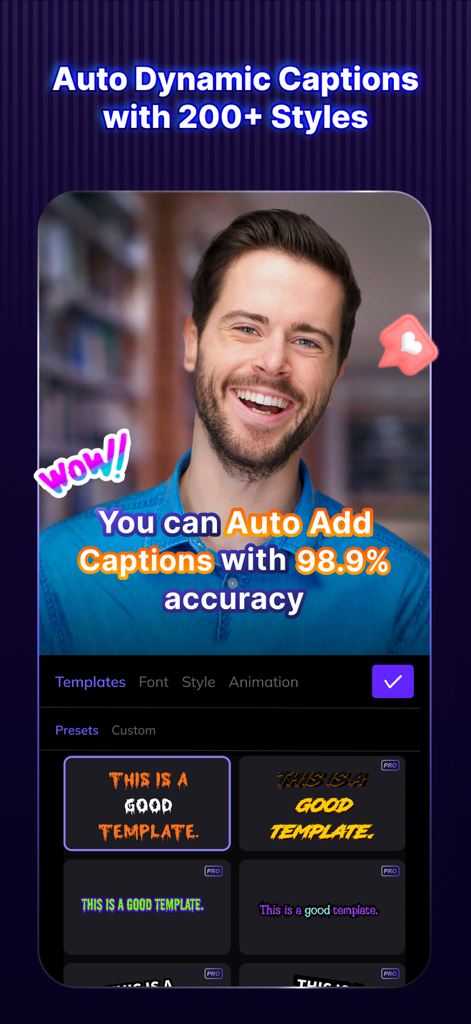 Vozo AI Video Maker | Blink - Interface of Vozo AI Video Maker showing a man with automatic dynamic captions and a variety of caption style templates
