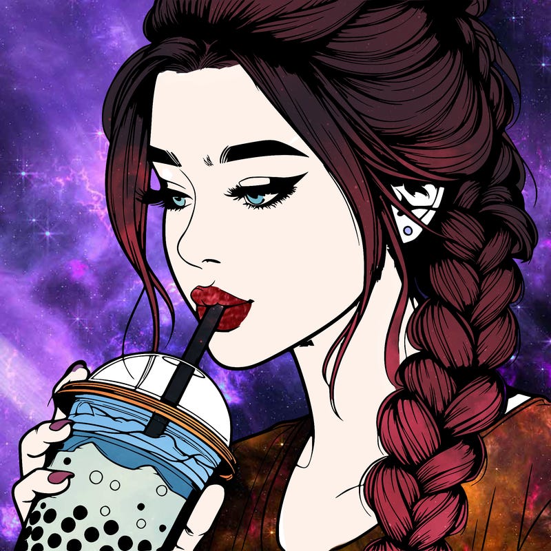 realistic girl drinking boba tea with braided hair