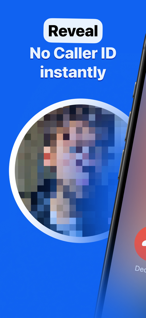 Reveal No Caller ID – MaskOff - A promotional screen for the MaskOff app showing the text Reveal No Caller ID instantly with a pixelated caller profile picture