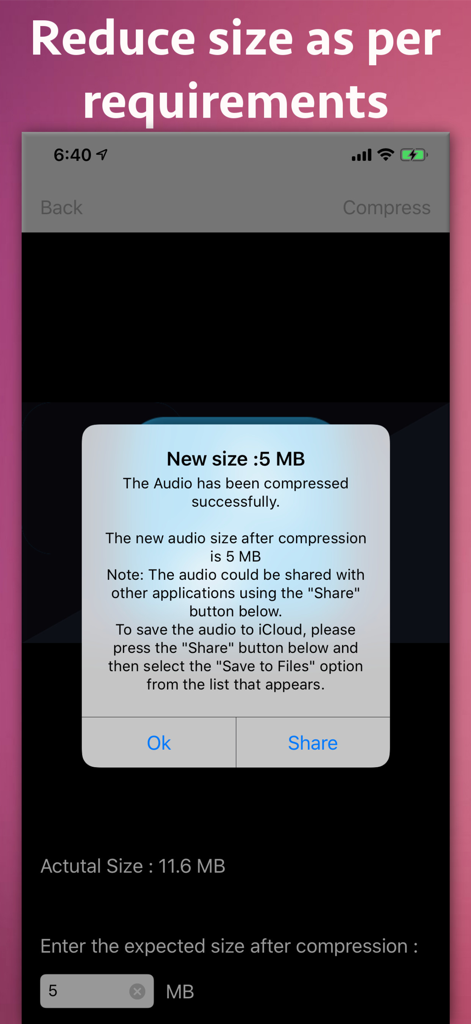Video-Photo-Audio Compressor - Notificación de compresión de archivo de audio exitosa mostrando el tamaño de archivo reducido en un iPhone