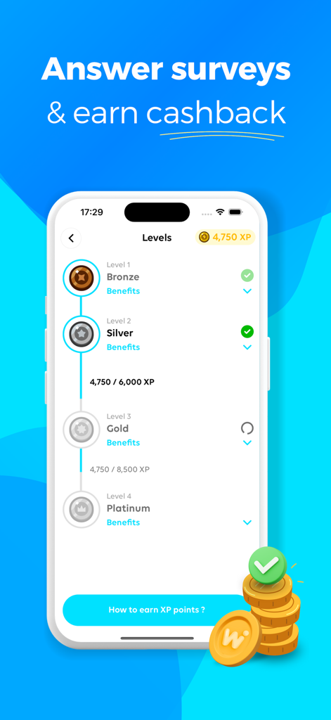 Wafii mobile app displaying loyalty tiers and cashback rewards for surveys.