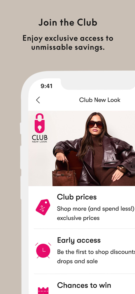 New Look Fashion Online - Écran de l'application New Look montrant les avantages de l'adhésion au Club New Look, y compris des prix exclusifs et un accès anticipé aux soldes