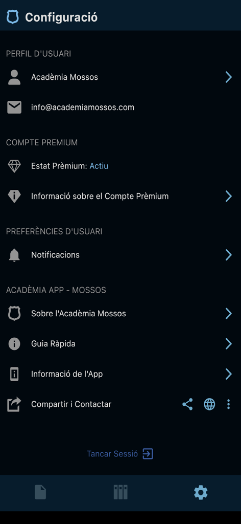Pantalla de configuración de la aplicación Academia Mossos que muestra el perfil del usuario y el estado de la membresía premium