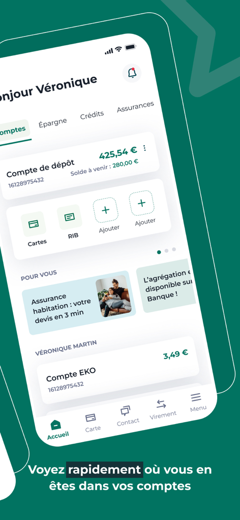 Interface of Ma Banque app displaying checking account balance and financial categories