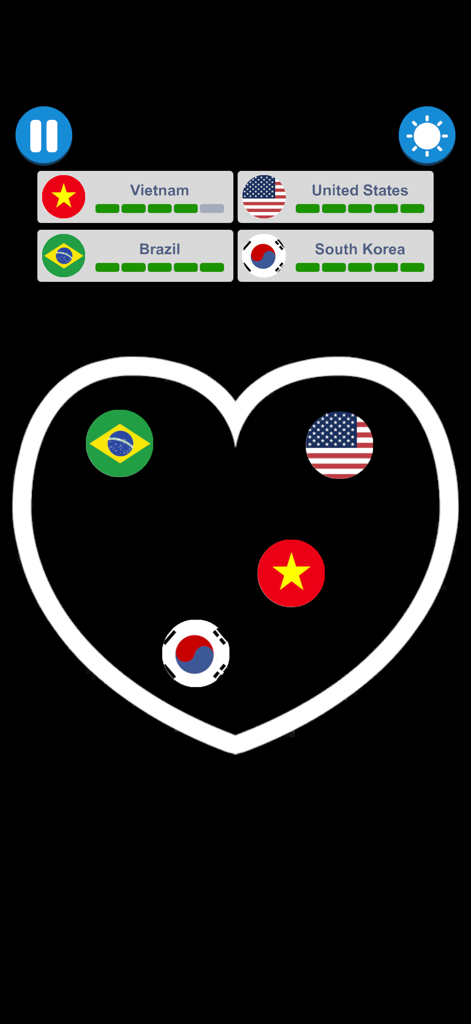 Ball Clash Battle - Gameplay scene of Ball Clash Battle featuring country flag balls competing in a heart shaped arena.