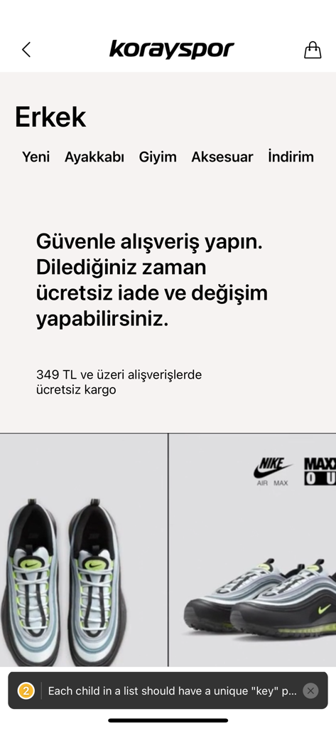 Korayspor Mobil - Korayspor app men section displaying Nike Air Max sneakers and shopping categories
