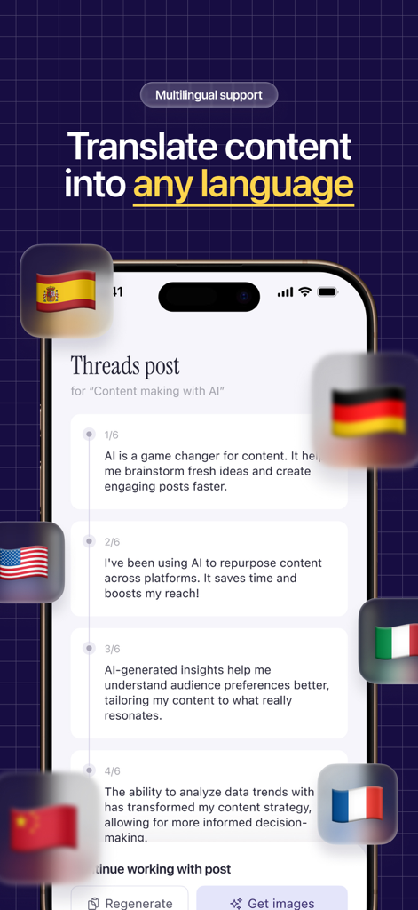 Smartphone display showing AI content translation feature with international flags for global social media posts