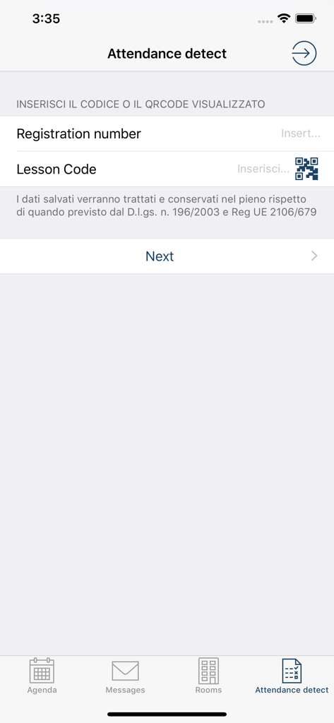 UNISA Lezioni - Pantalla de detección de asistencia para estudiantes de la Universidad de Salerno que muestra campos de entrada para el número de registro y el código de la lección