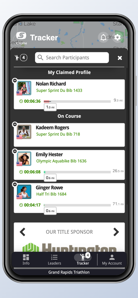 Sportstats Tracker - Sportstats Tracker app showing real-time progress for multiple race participants
