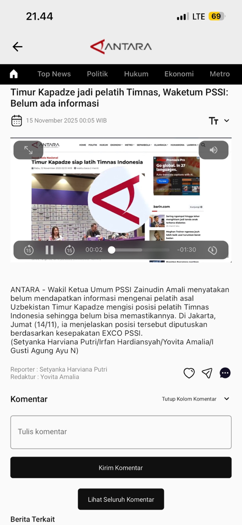 Antaranews - Interface of the Antaranews app displaying a news article with a video player and comment section