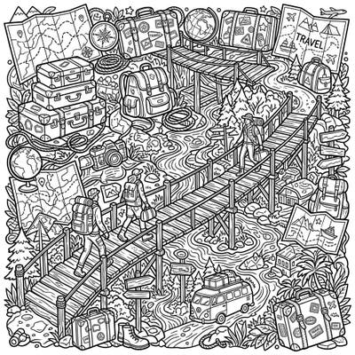 Get ready for an epic coloring adventure with this intricate scene featuring rustic wooden bridges amidst a vibrant vacation landscape. Discover travelers, packed luggage, and winding rivers, all waiting for your creative touch.