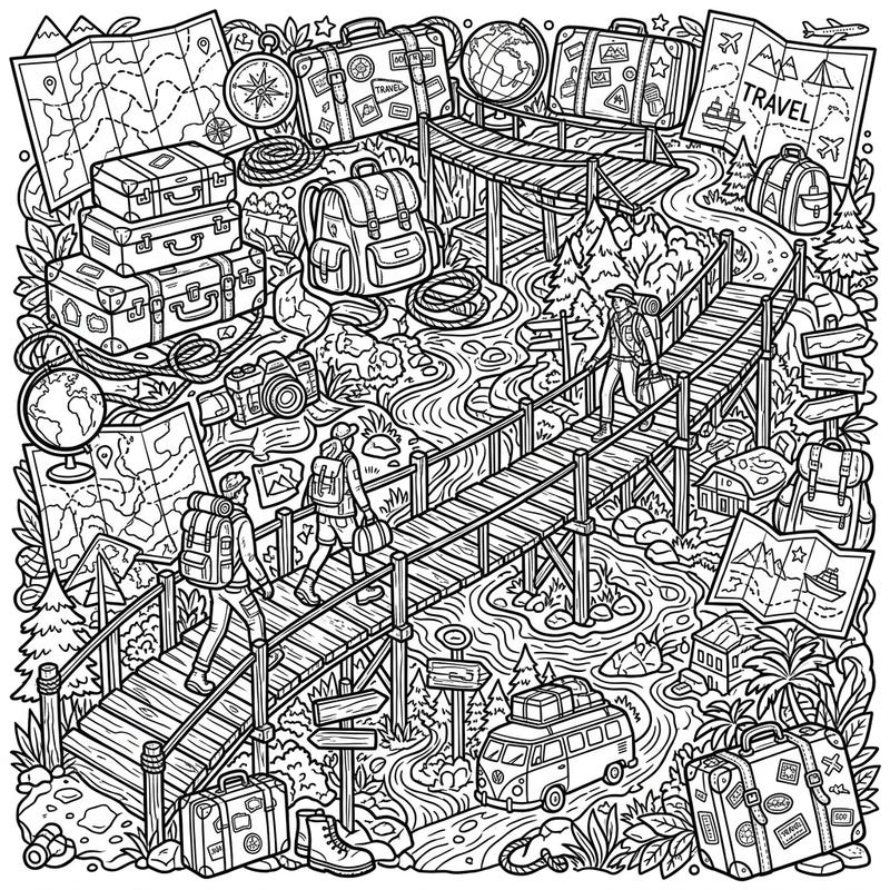 Get ready for an epic coloring adventure with this intricate scene featuring rustic wooden bridges amidst a vibrant vacation landscape. Discover travelers, packed luggage, and winding rivers, all waiting for your creative touch.