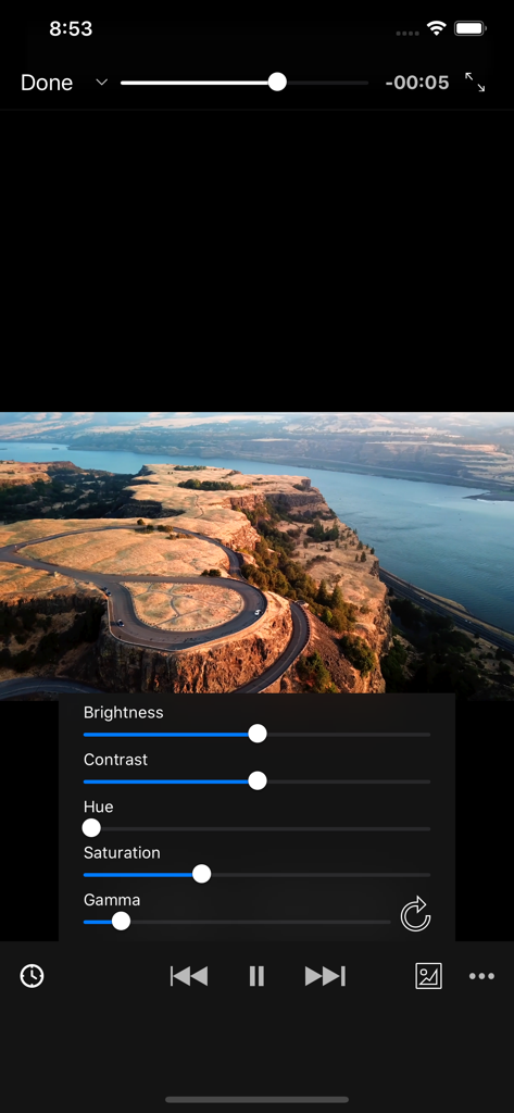 Azul - Video Player for iPhone - Azul Video Player interface showing adjustable controls for brightness and contrast during video playback.