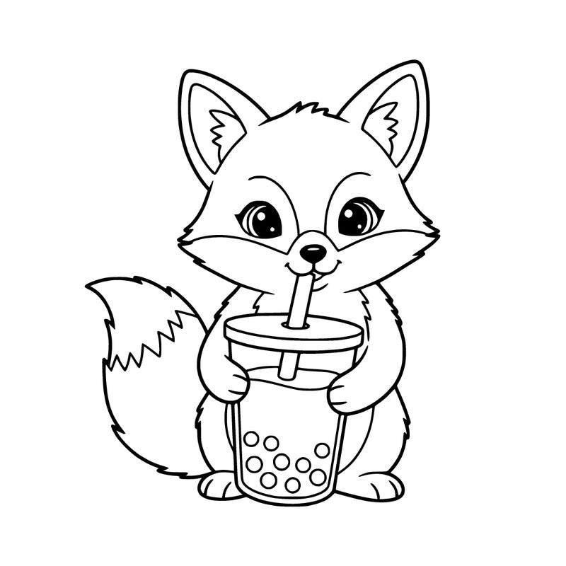 a cute fox drinking a boba drink