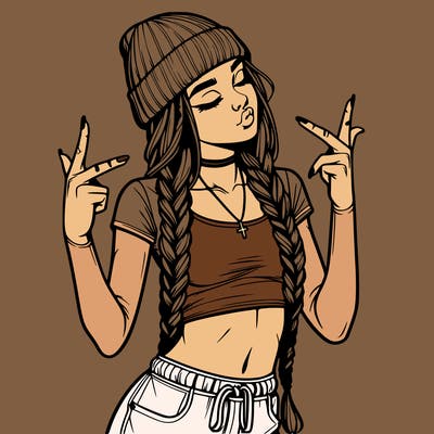 realistic teenage girl with braids and a beanie and crop top doing 🫶🏼