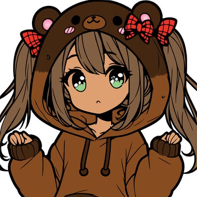cute anime girl with ponytails and a cute bear hoodie