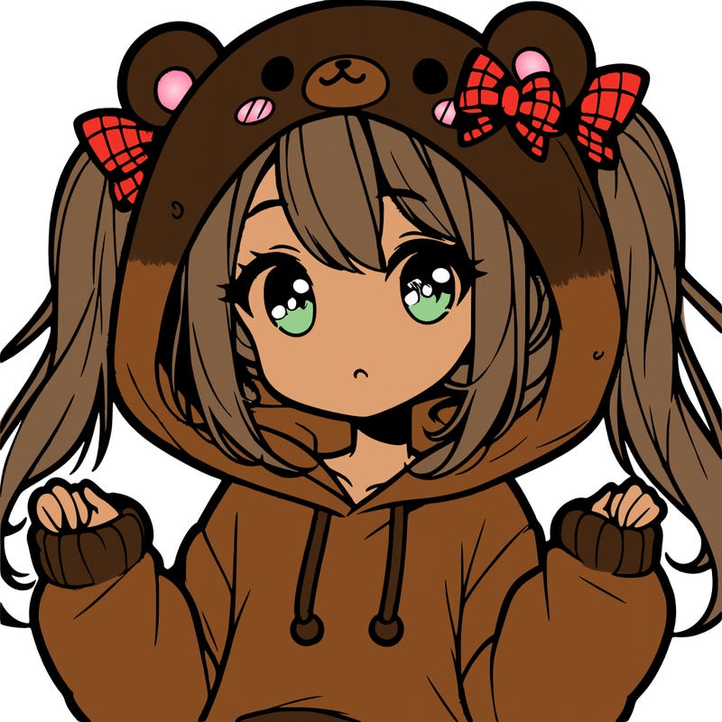 cute anime girl with ponytails and a cute bear hoodie