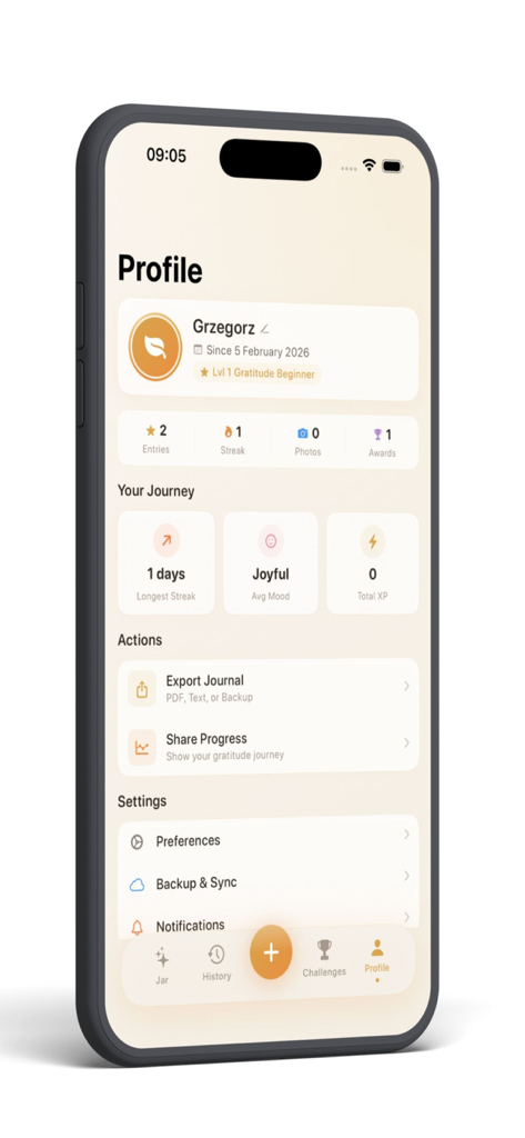 The profile dashboard of Gratitudes Jar Pro app displaying user statistics journey milestones and settings on an iPhone