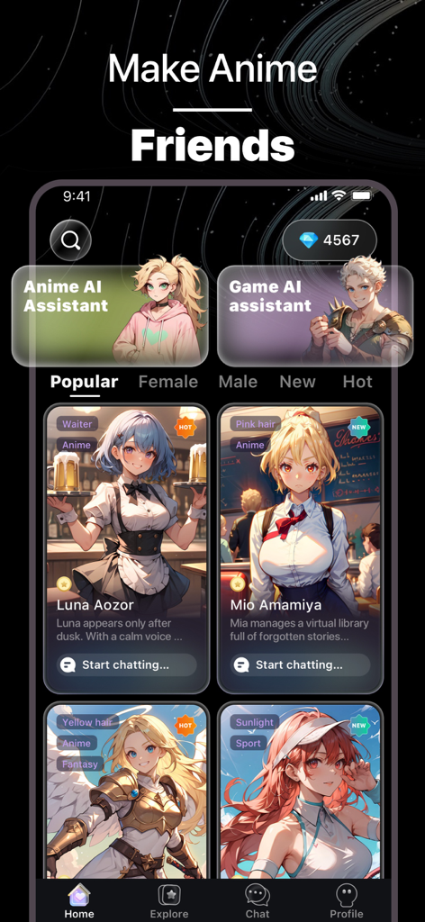 MeMe AI: Anime Chat Story - MeMe AI app interface showing popular anime characters for interactive AI chat stories