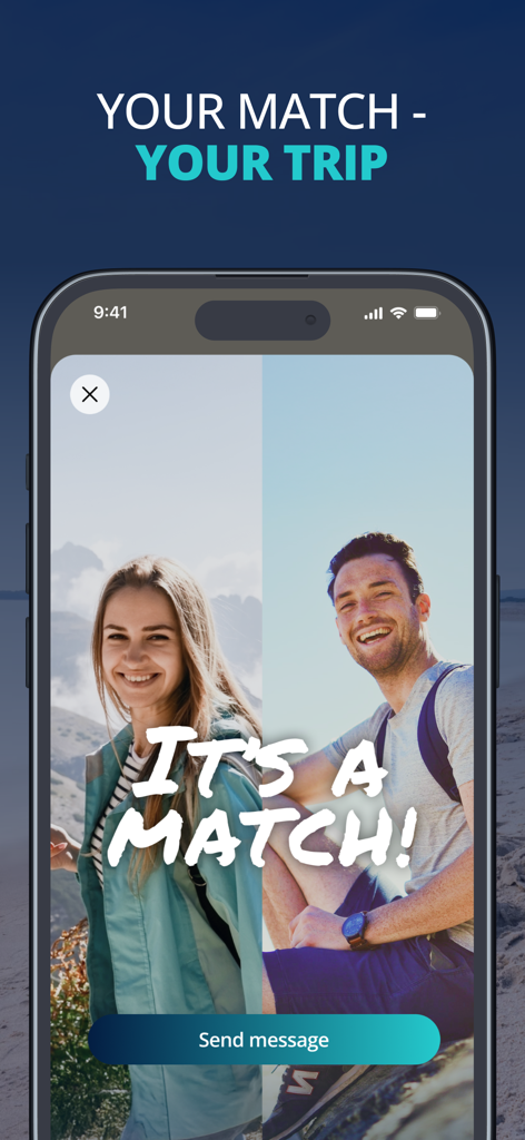 Tourlina - Travel Buddy - A match screen in the Tourlina travel buddy app showing two users paired for their next trip