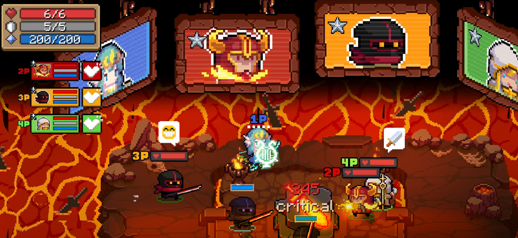 Four-player co-op gameplay in a pixel art lava dungeon in Soul Knight