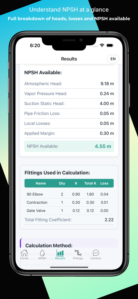NPSH Calculator - Una schermata di un'app mobile che mostra i risultati di ingegneria della pompa, inclusi i calcoli di NPSH disponibile e un elenco dettagliato dei raccordi per tubi