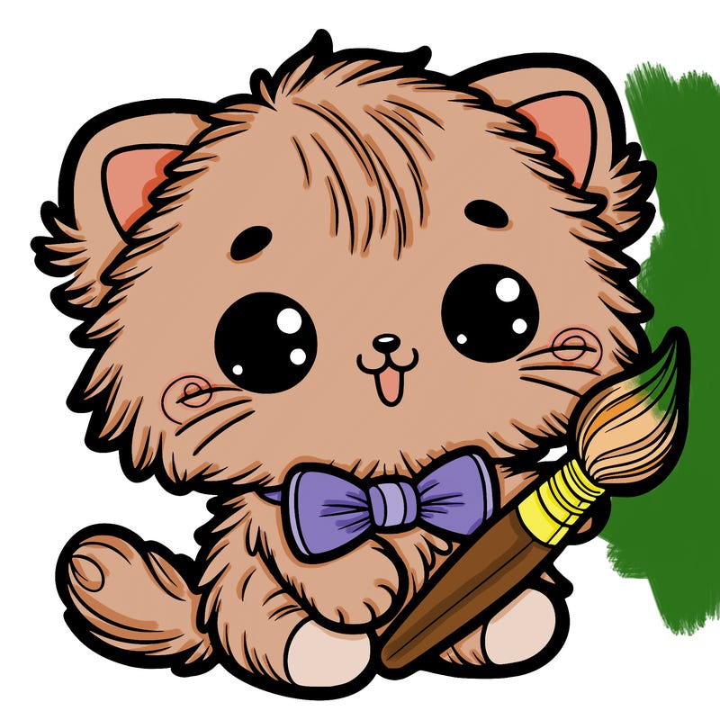 an adorable fluffy kitten holding a paintbrush