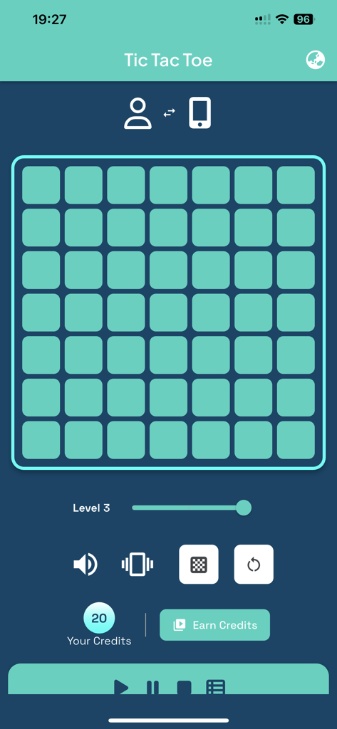 Tic Tac Toe Relaxing - A clean teal and blue game board interface for Tic Tac Toe Relaxing showing a large grid and difficulty levels.