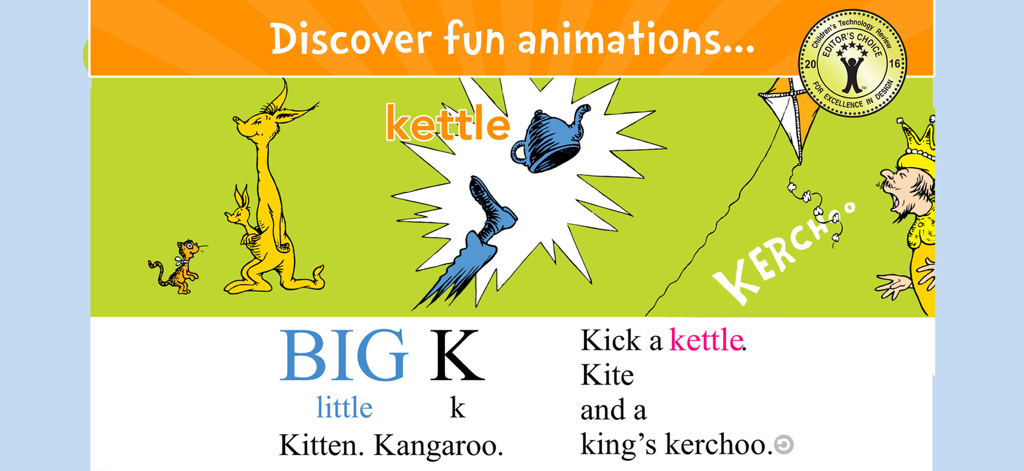 Dr. Seuss's ABC - Read & Learn - Dr. Seuss ABC app interface teaching the letter K with illustrations of a kangaroo and a kettle