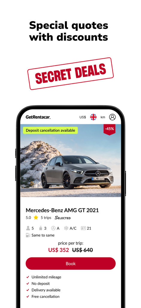 보증금 없고 무료 취소 가능한 할인 메르세데스 렌트 딜을 보여주는 GetRentacar 앱 스크린샷