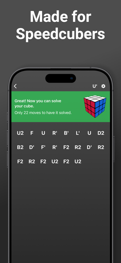Rubix Cube Solver app interface showing optimal move algorithms for speedcubers
