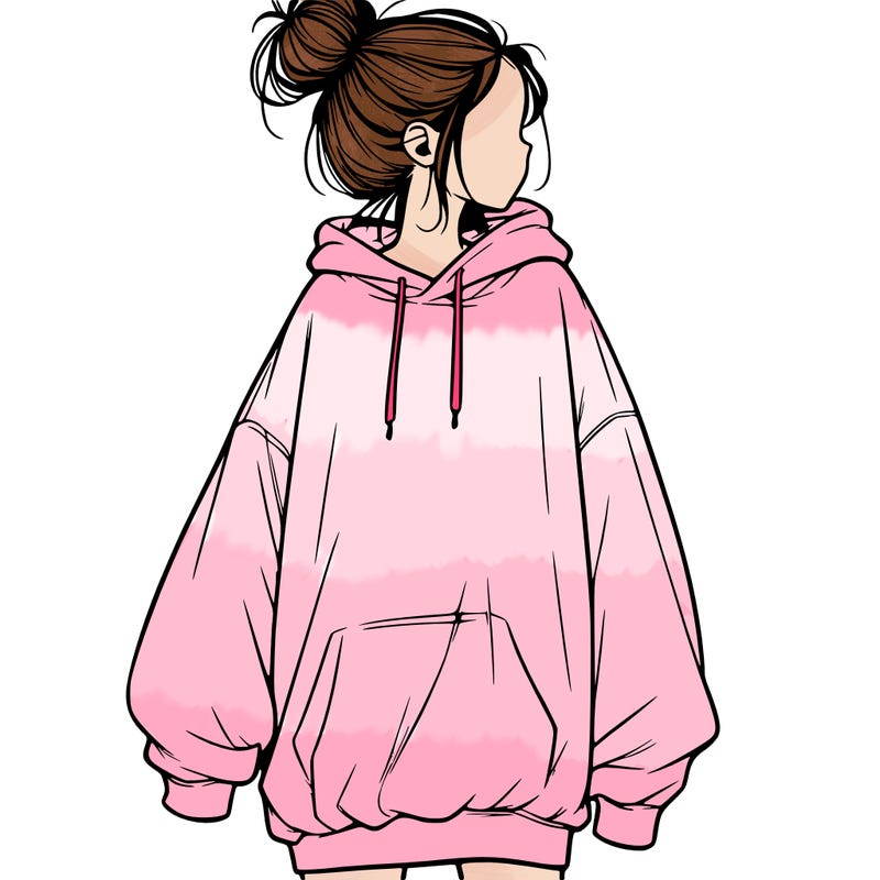 realistic girl with a oversized sweatshirt on and a bun