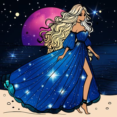 beautiful woman with a vaporous long dress walking on the beach at the noon, detailed art