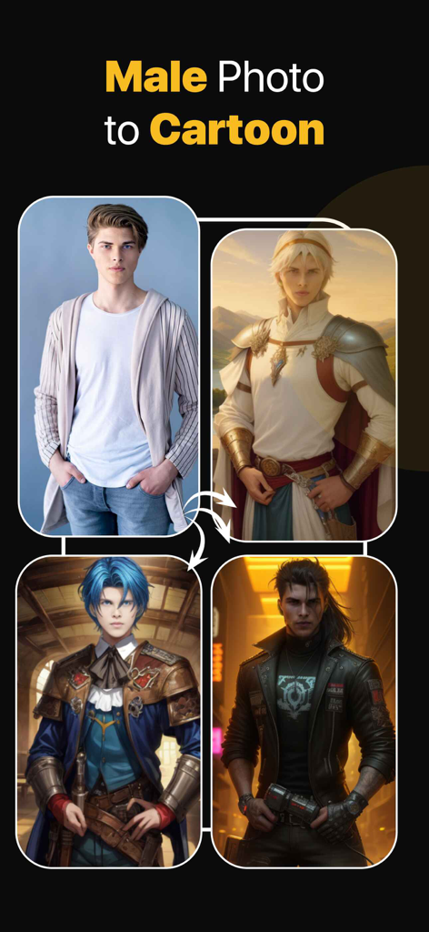 AI Anime Image Editor - Comparação mostrando uma foto masculina transformada em vários estilos de anime e cyberpunk