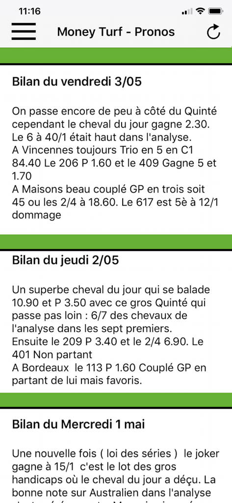 Daily performance results of horse racing predictions in the Money Turf app.