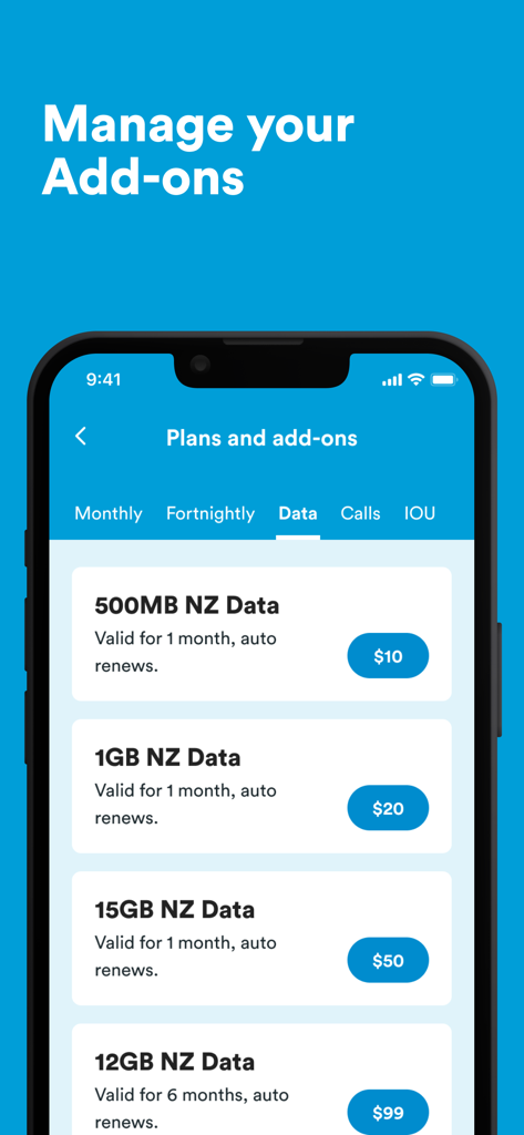 Interface de l'application 2degrees NZ affichant les options et les prix des modules de données.