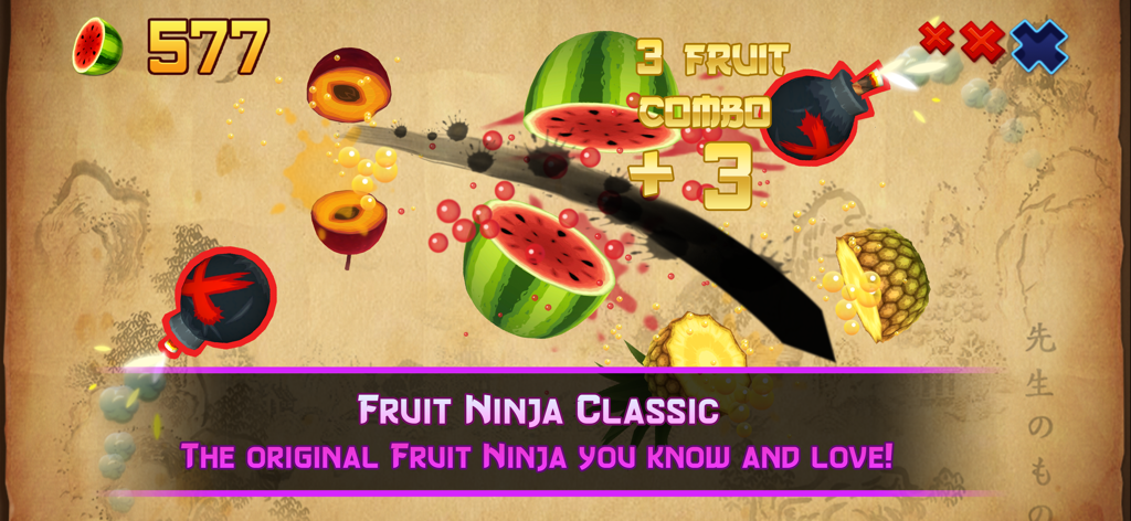 Fruit Ninja Classic - Gameplay of Fruit Ninja Classic showing a three fruit combo and sliced watermelons