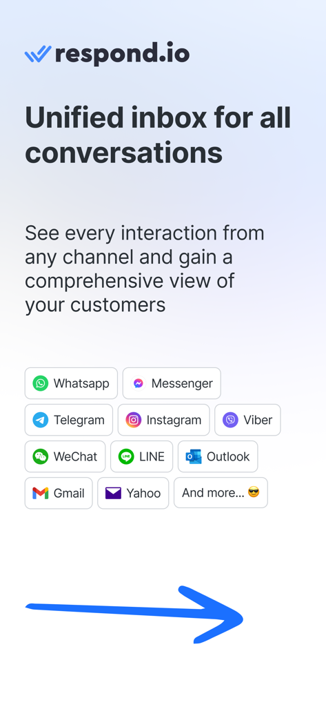 Screenshot showing respond.io unified inbox for multiple messaging channels like WhatsApp Messenger and Telegram